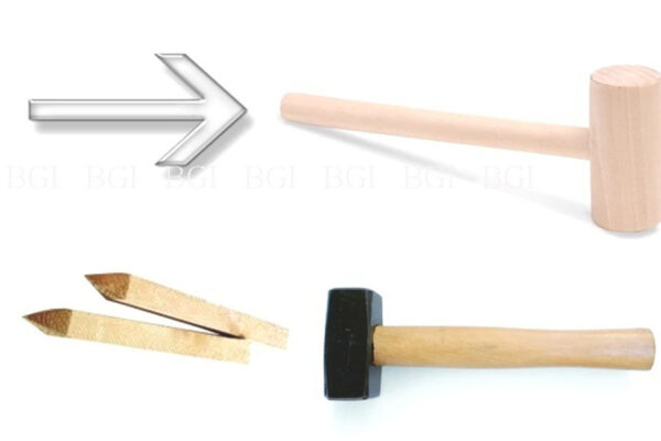 Steel arrow, wooden peg, wooden mallet, hammer